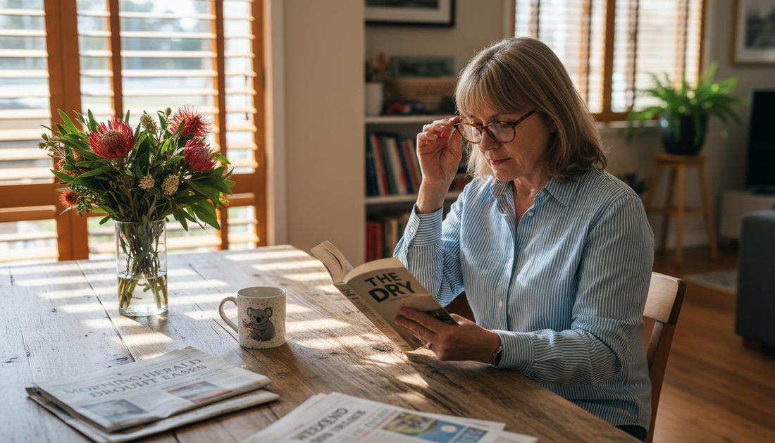 Woman wearing cheater glasses reading at bright table