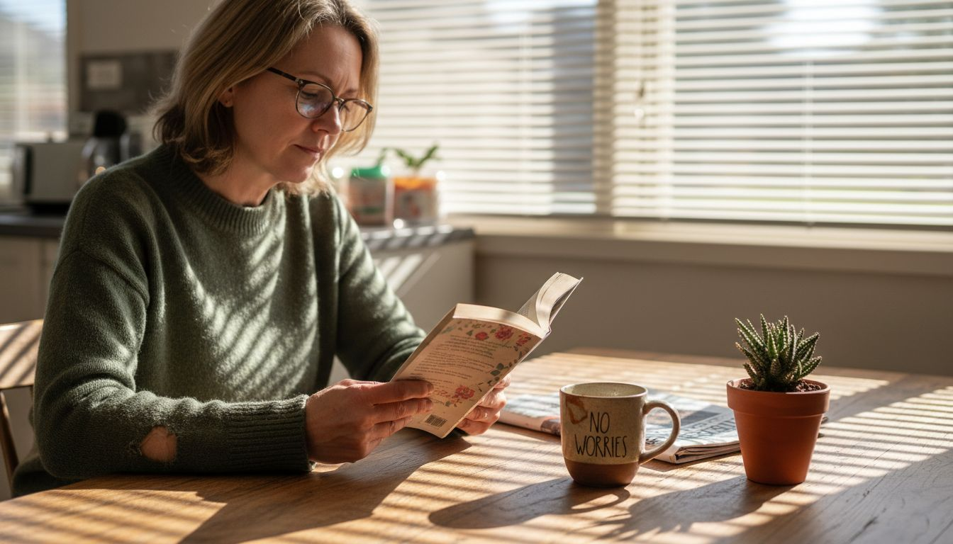 Woman reading with 3.5 glasses at kitchen table