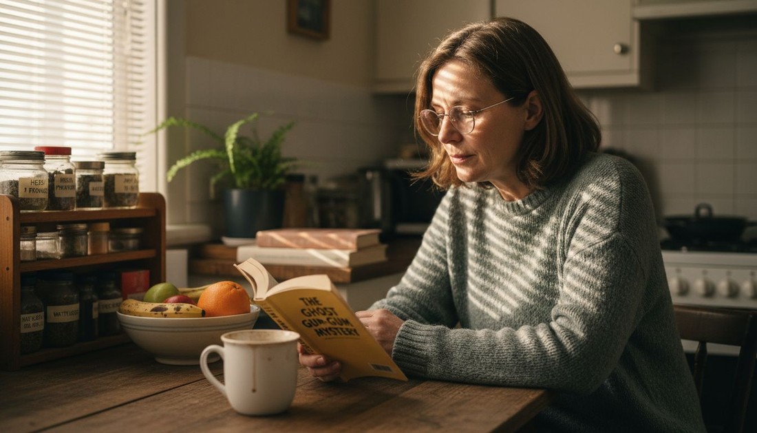 Woman using reading glasses at kitchen table