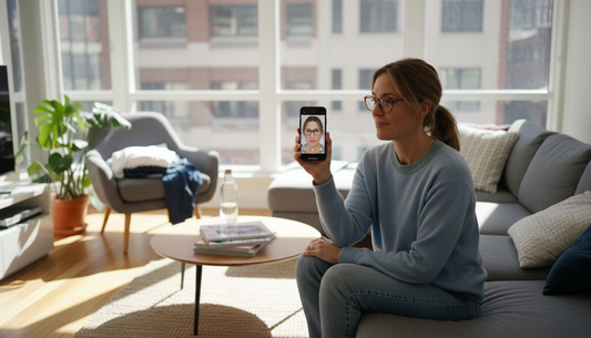 Woman uses phone for online glasses try-on