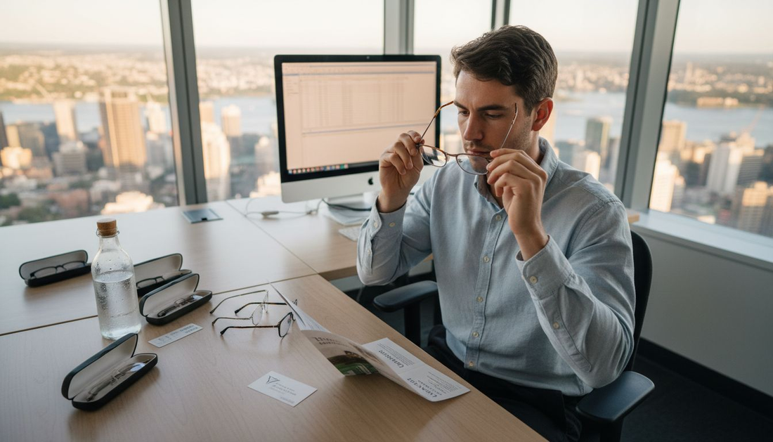 Australian office worker comparing eyeglass lenses