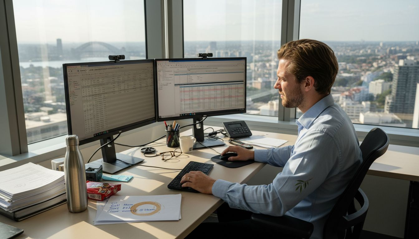 Australian office worker experiencing eye strain