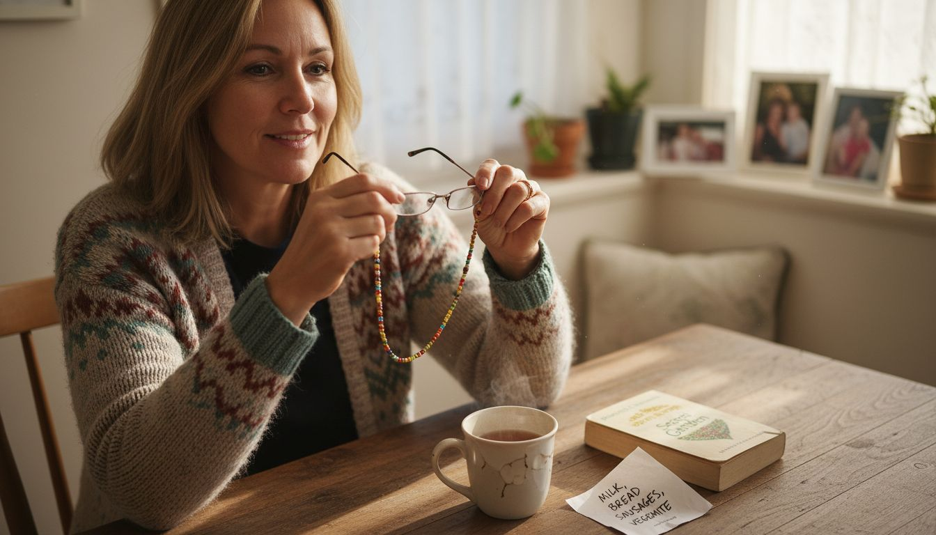 Stylish woman fitting reading glasses chain