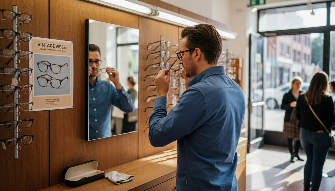 Man trying on stylish glasses in optician shop