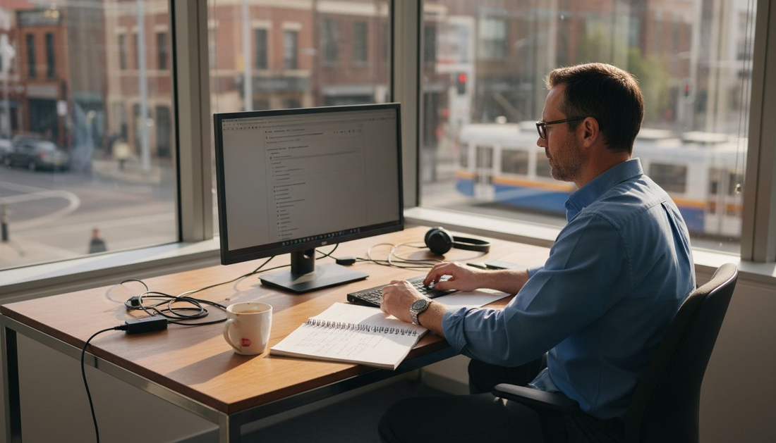 Man with reading glasses at office computer