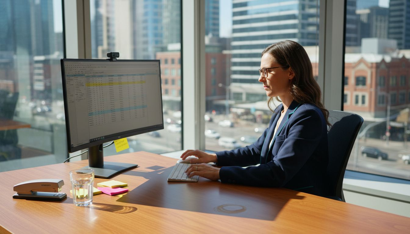 Woman working with reading glasses at office desk