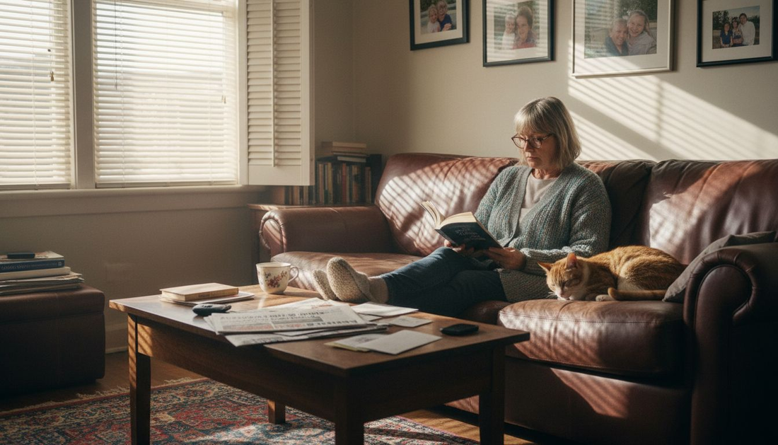 Middle-aged woman reading with glasses in home