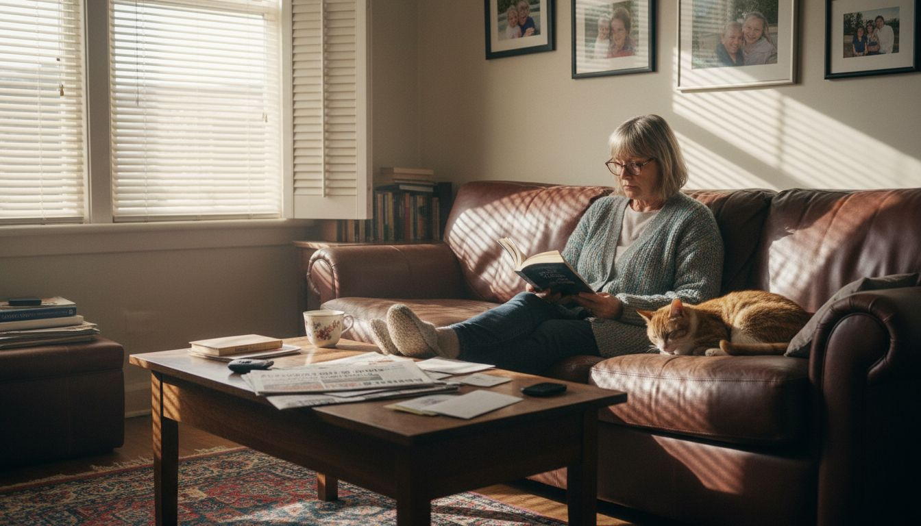 Middle-aged woman reading with glasses in home