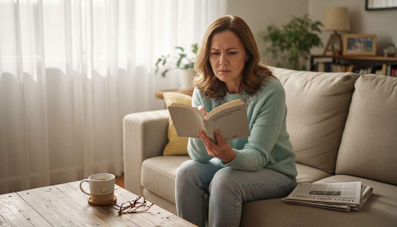 Woman squinting to read book at home