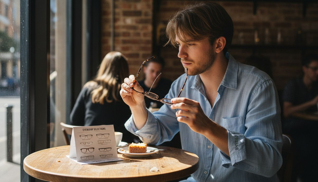 Man compares plastic and metal glasses in café