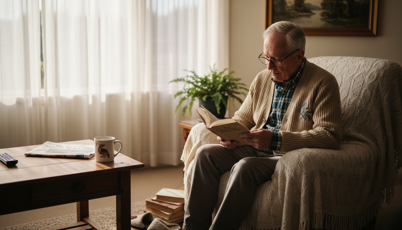 Elderly man reading with glasses in living room