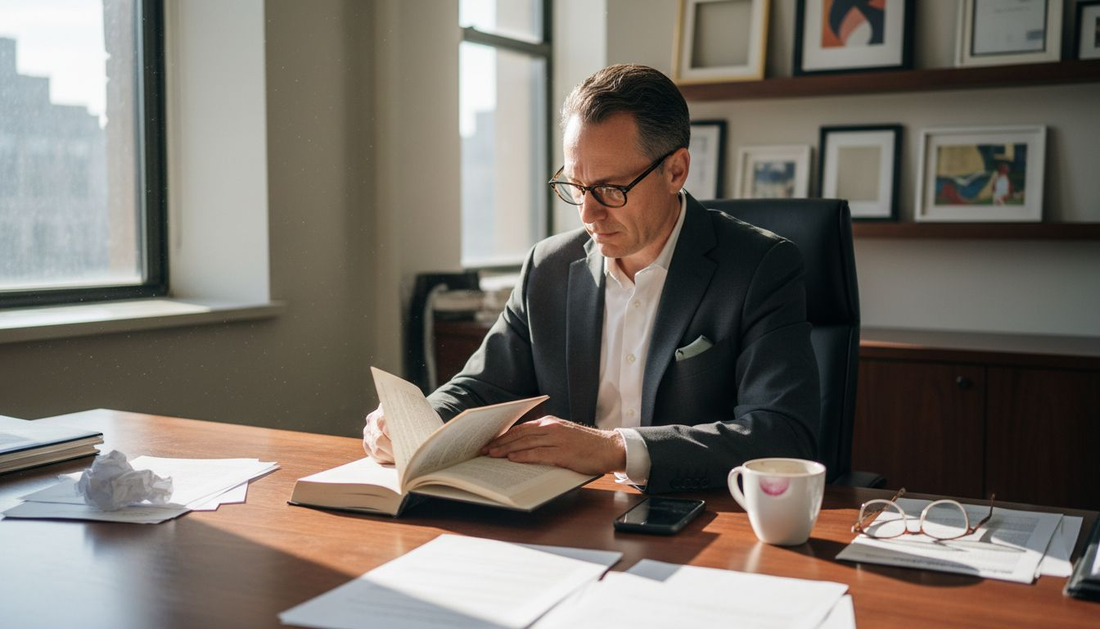 Stylish man choosing reading glasses in office