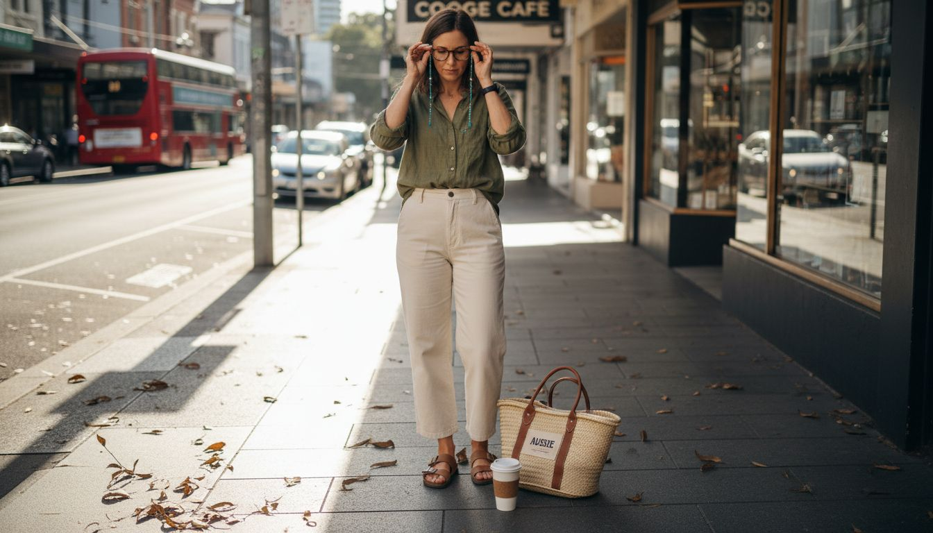 Woman adjusting reading glasses chain on Sydney street