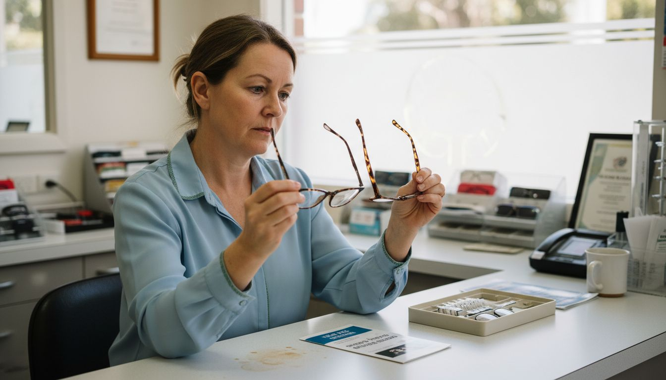 Woman comparing glasses lenses at optometrist counter