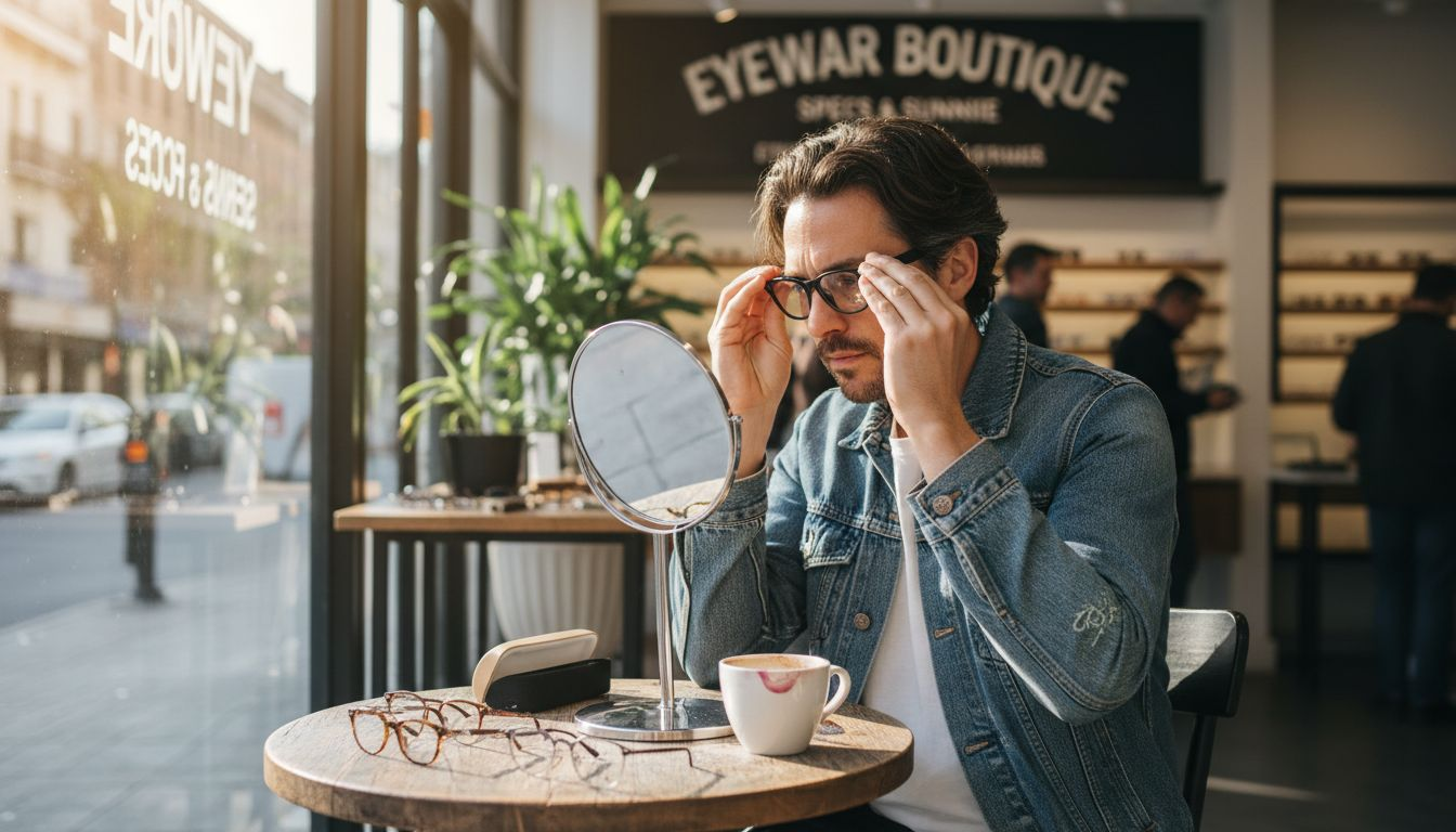 Man trying stylish glasses in urban boutique