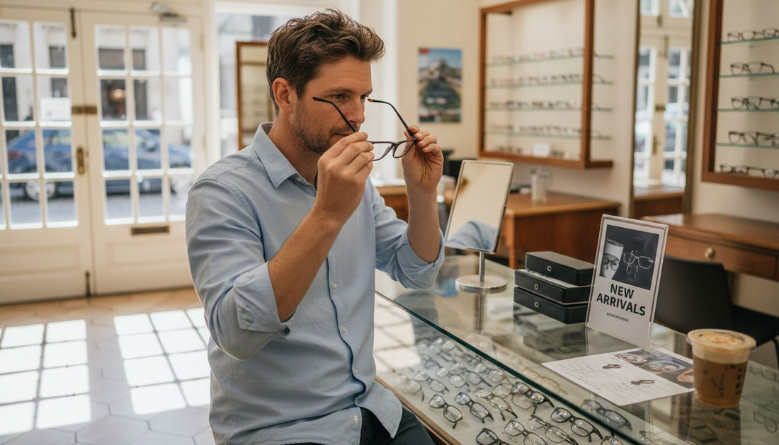 Man choosing stylish glasses in optician shop
