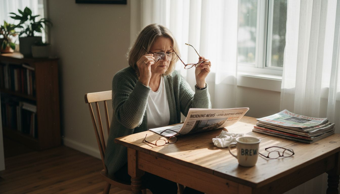 Woman choosing reading glasses at kitchen table