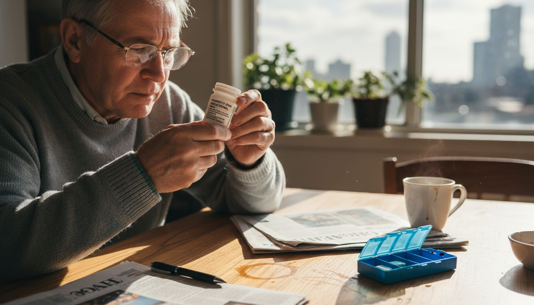 Older man using strong reading glasses