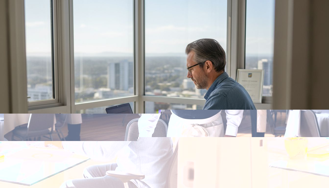Man with clear glasses in city office