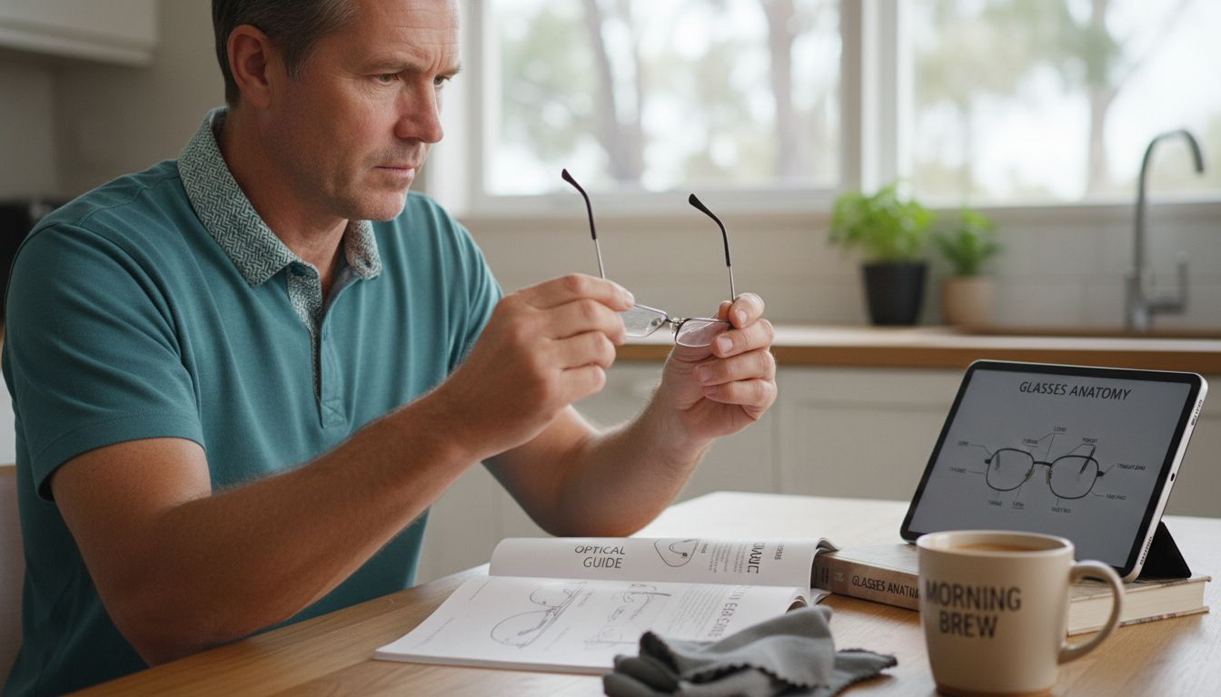 Man examining reading glasses at kitchen table