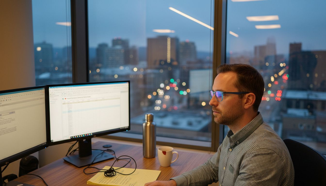 Man working at dusk with blue light glasses
