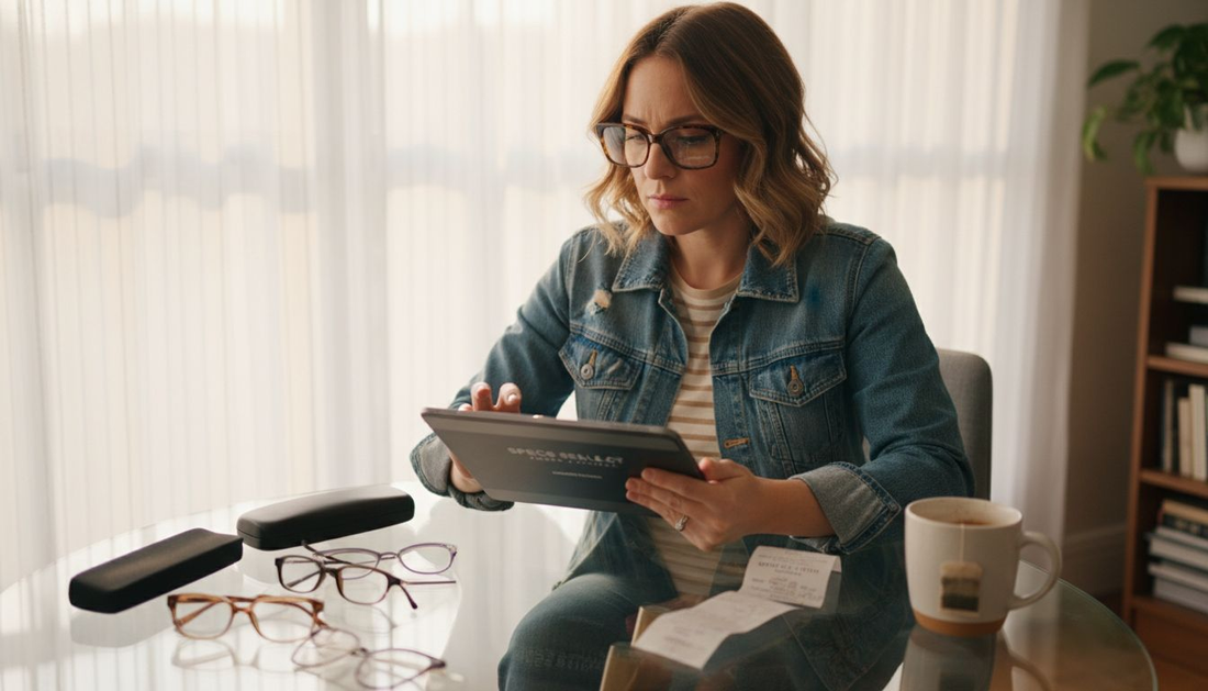 Young woman browsing eyewear online at home