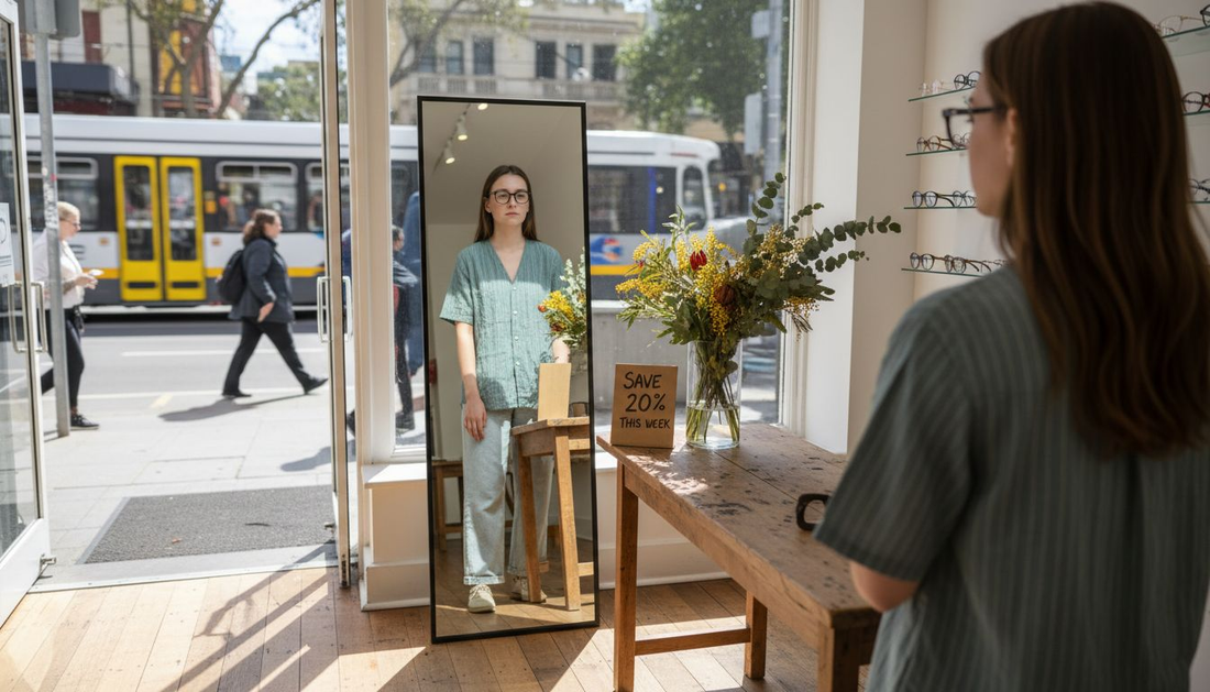 Woman trying glasses in boutique with promotion sign