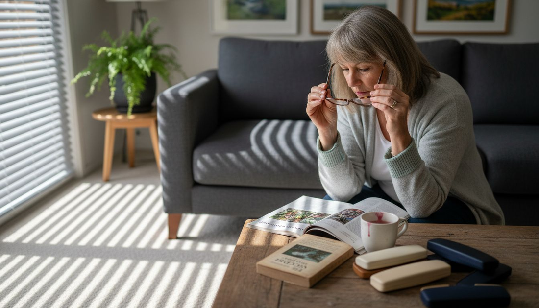 Woman trying on reading glasses in living room