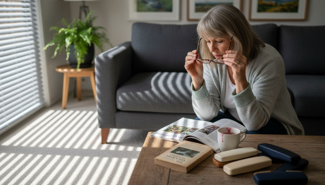 Woman trying on reading glasses in living room