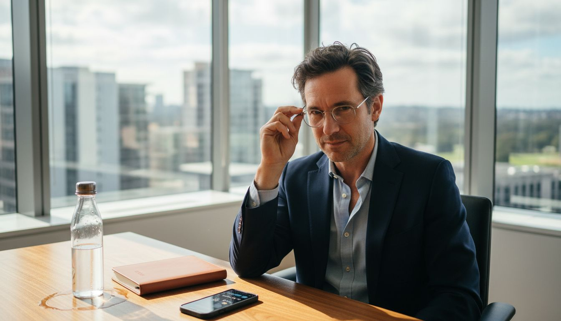 Man adjusting designer eyeglasses at office desk