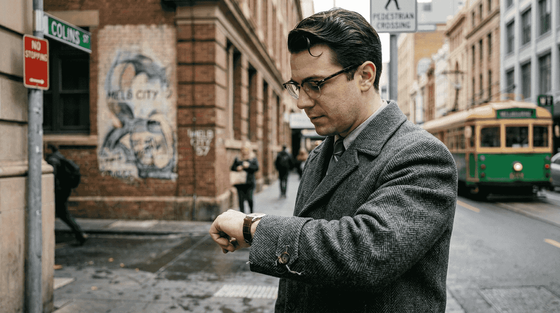 Man wearing vintage glasses on city street