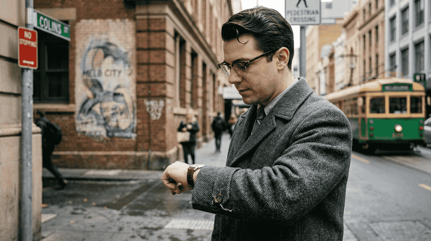 Man wearing vintage glasses on city street