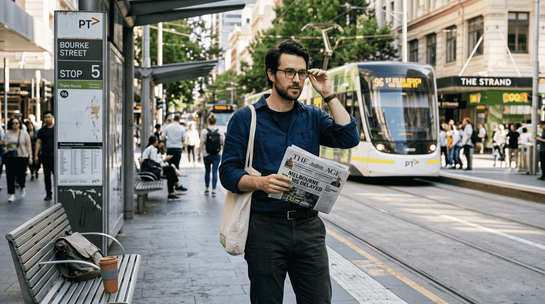 Man wearing trendy glasses at city tram stop