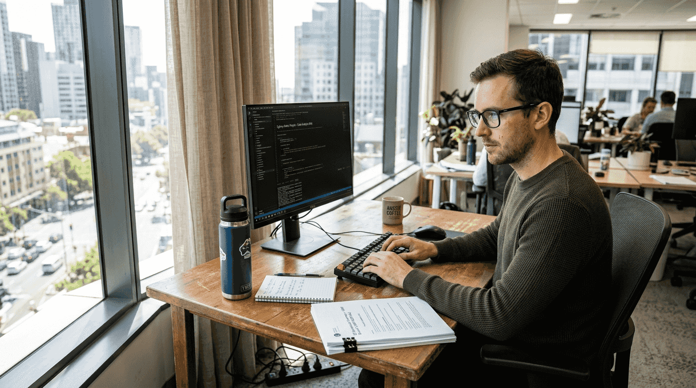 Man with anti-glare glasses at computer desk
