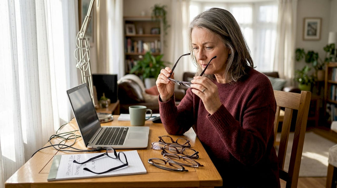 Woman selecting reading glasses at home desk
