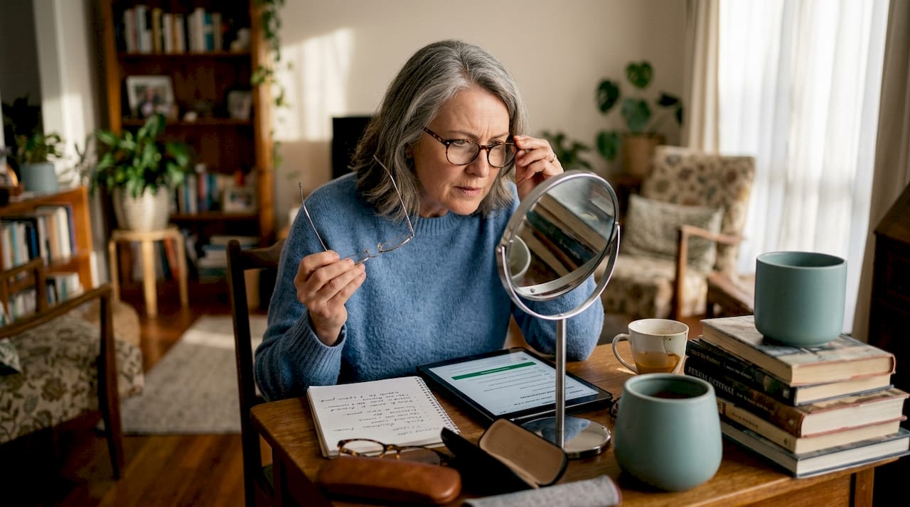 Woman testing reading glasses fit at desk