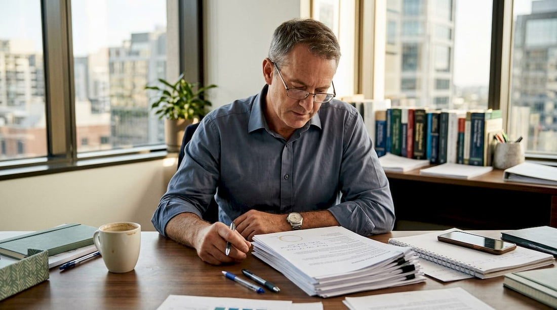 Professional man uses reading glasses at office desk