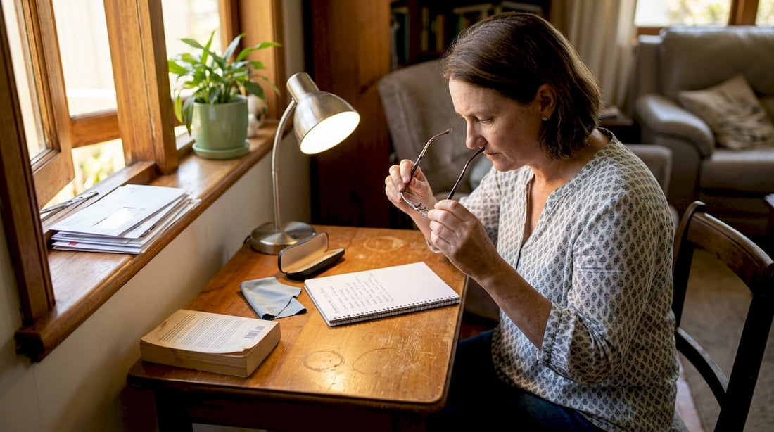 Woman inspecting reading glasses at desk
