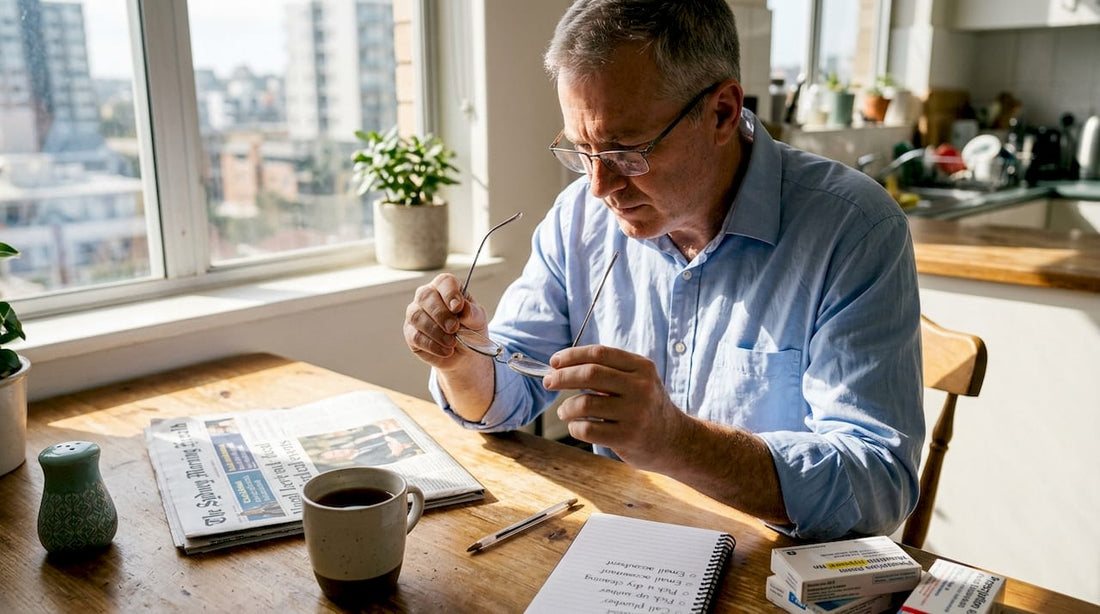 Man examining eyeglasses for frame quality