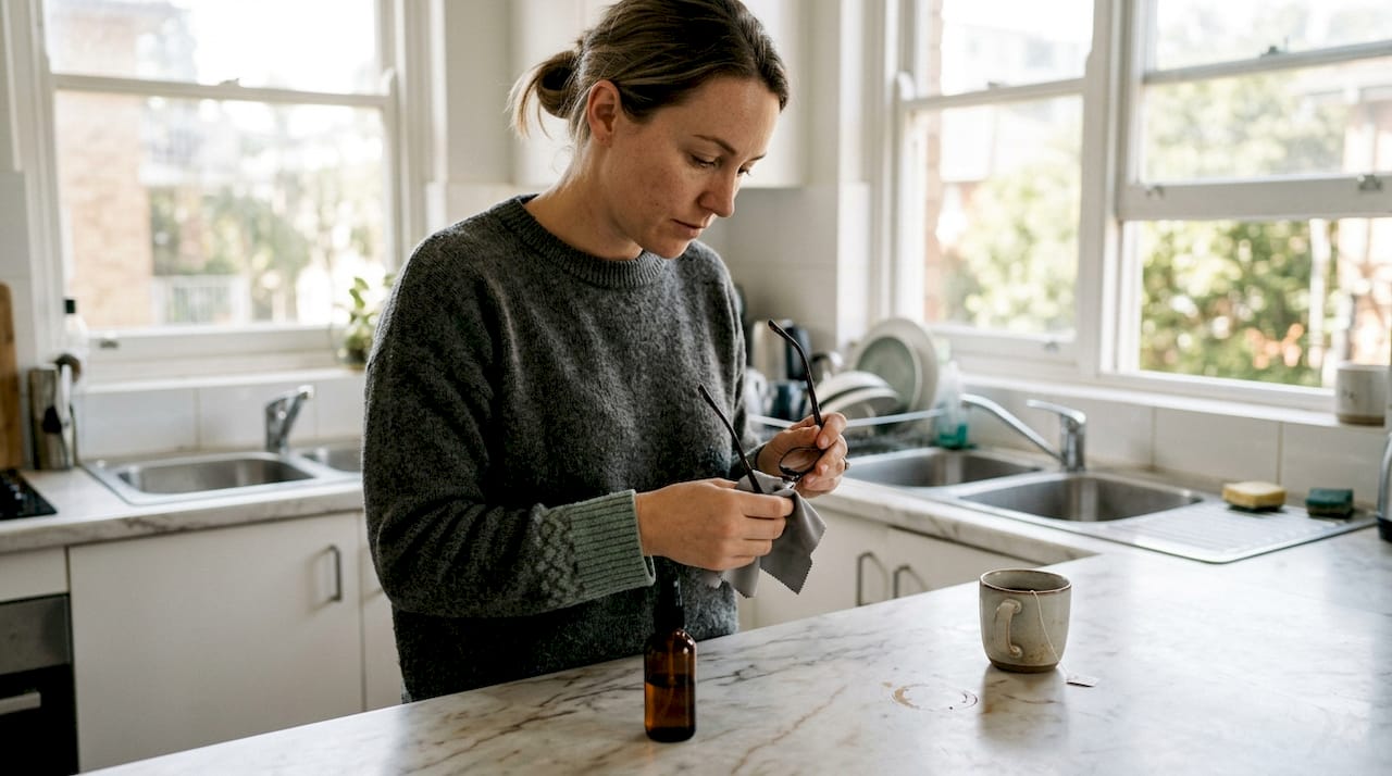 Woman cleaning glasses at kitchen counter