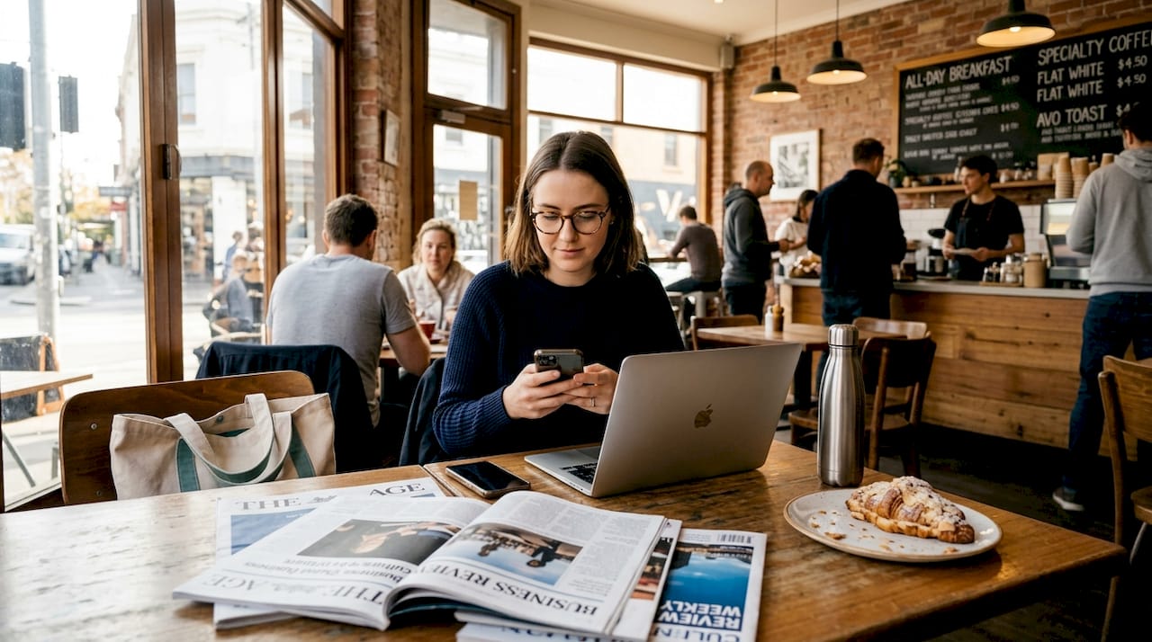 Woman in café wearing stylish eyeglasses
