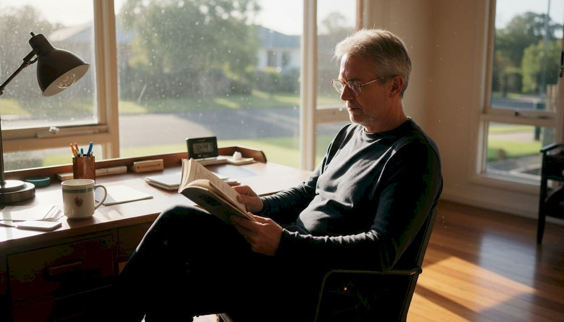Man reading with glasses at sunlit desk