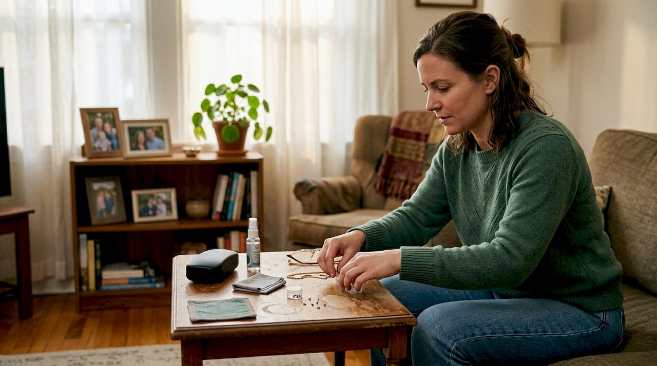 Woman arranging eyewear accessories at home