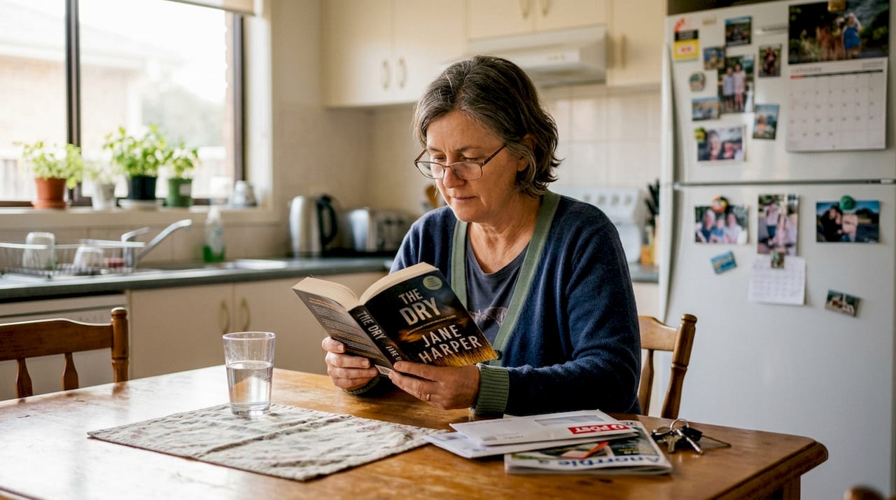 Woman reading with glasses in kitchen