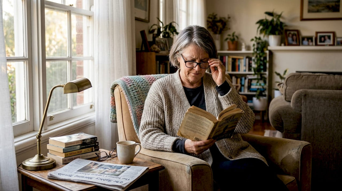 Woman adjusting reading glasses in sunny living room