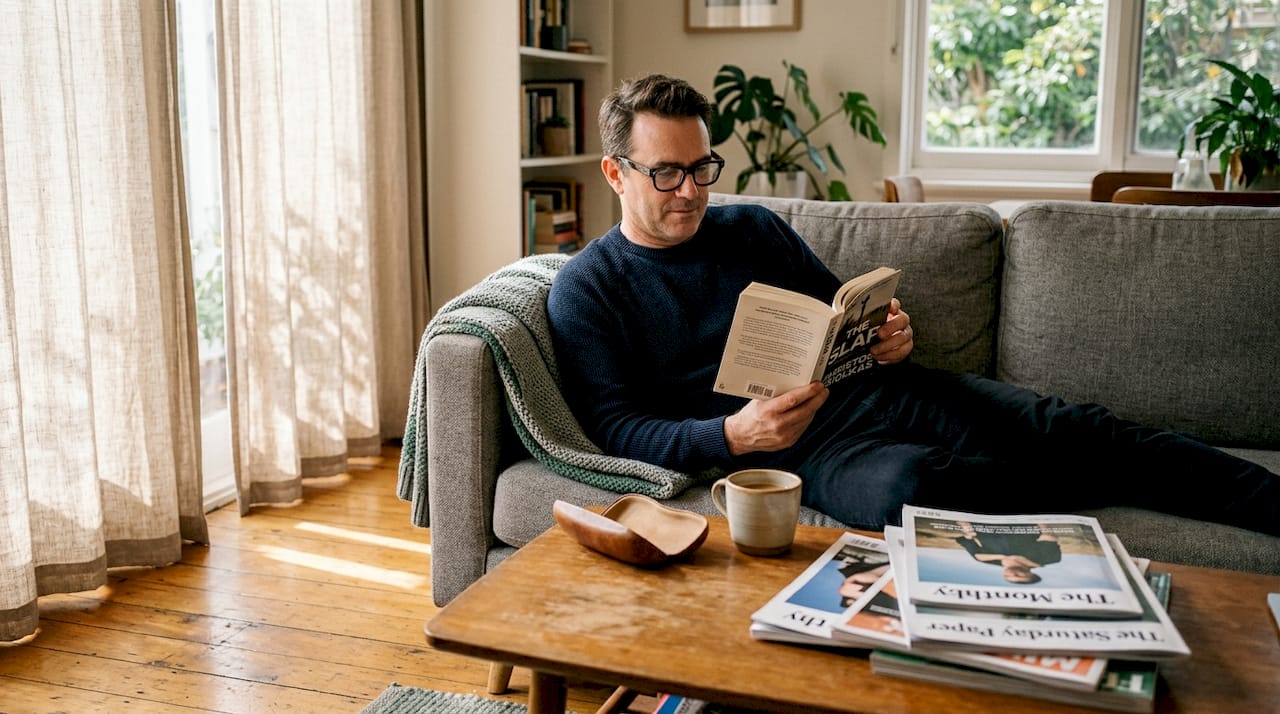 Man reading with glasses in sunlit living room