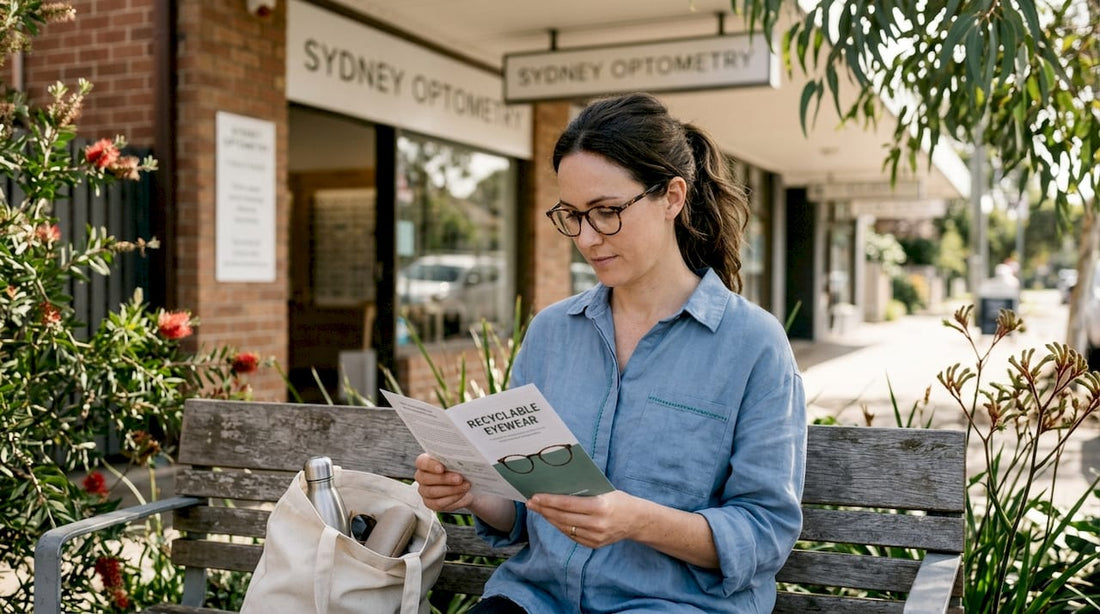 Woman reading about ethical eyewear outside shop