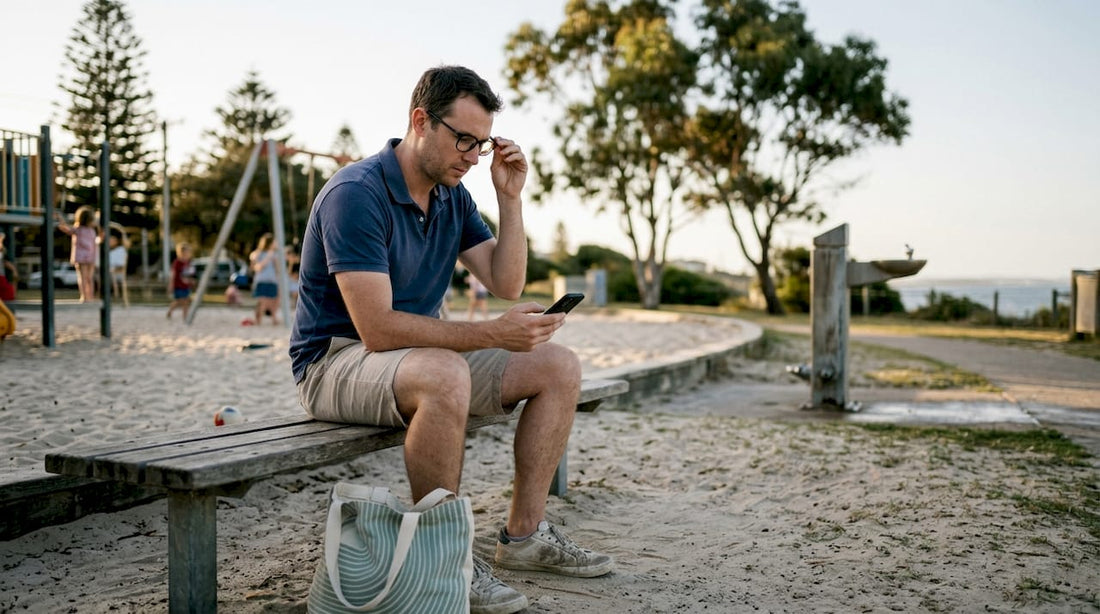 Man adjusts glasses in outdoor Australia