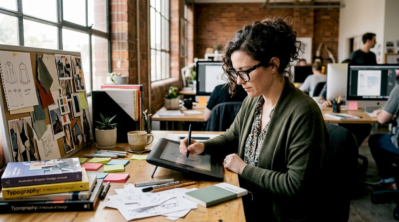 Designer in workspace with bold glasses