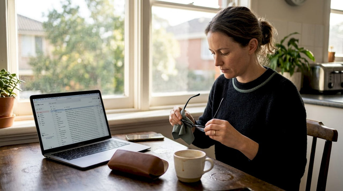Woman cleaning glasses at a kitchen table